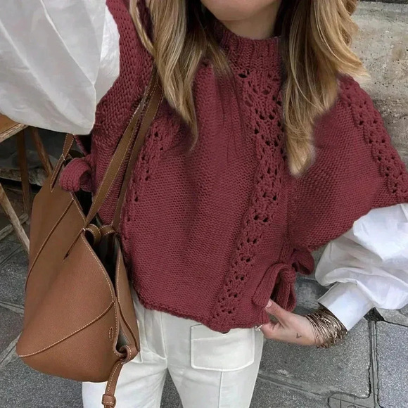 Burgundy Casual Women's Side Tie Round Neck Cap Sleeve Sweater - Picture 4 of 7